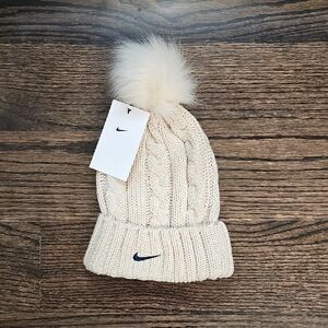 BRAND NEW Nike Ivory Cable Knit Pom Beanie with Navy Swoosh / San Diego